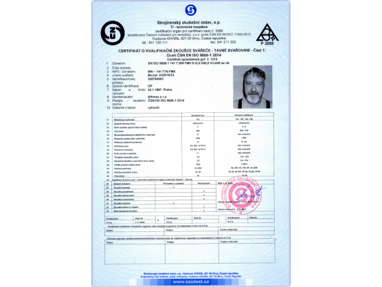 Certifikát o kvalifikační zkoušce svářeče, ČSN EN ISO 9606-1:2014, BW – 141-T76-FM5, Michal Korynta