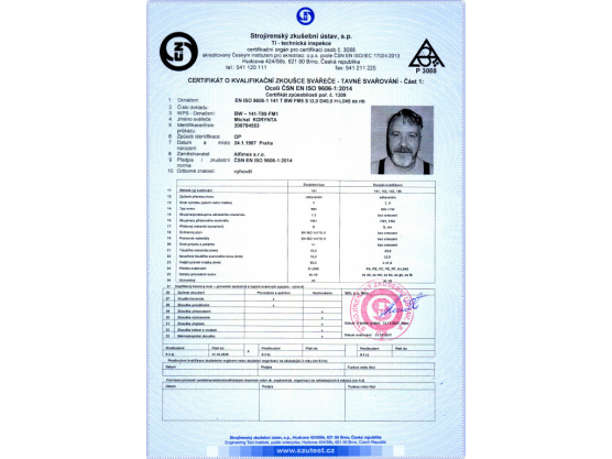 Certifikát o kvalifikační zkoušce svářeče, ČSN EN ISO 9606-1:2014, BW – 141-T80-FM1, Michal Korynta