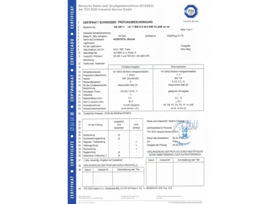Certifikát TÜV SÜD Czech 02, Milan Korynta