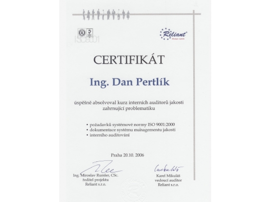 Certifikát absolvování kurzu interního auditora jakosti, Ing. Dan Pertlík
