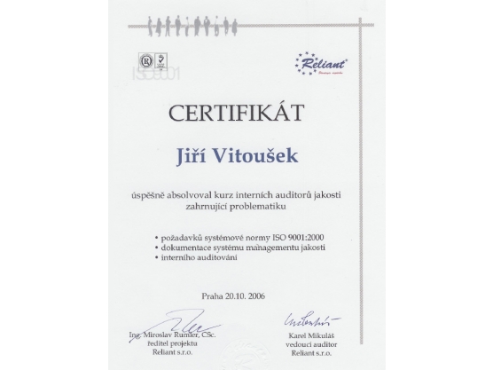 Certifikát absolvování kurzu interního auditora jakosti, Jiří Vitoušek