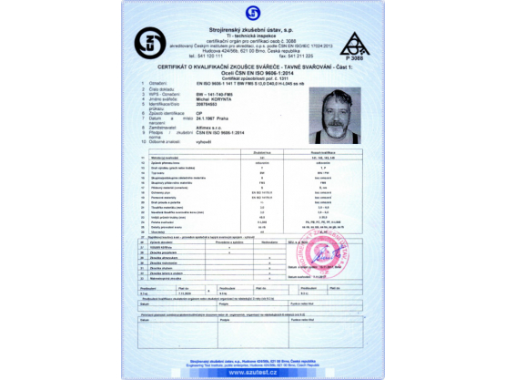 Certifikát o kvalifikační zkoušce svářeče, ČSN EN ISO 9606-1:2014, BW – 141-T40-FM5, Michal Korynta