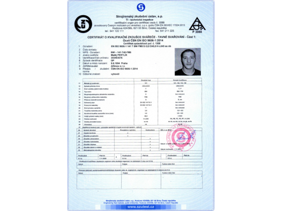 Certifikát o kvalifikační zkoušce svářeče, ČSN EN ISO 9606-1:2014, BW – 141-T40-FM5, Matěj Pertlík