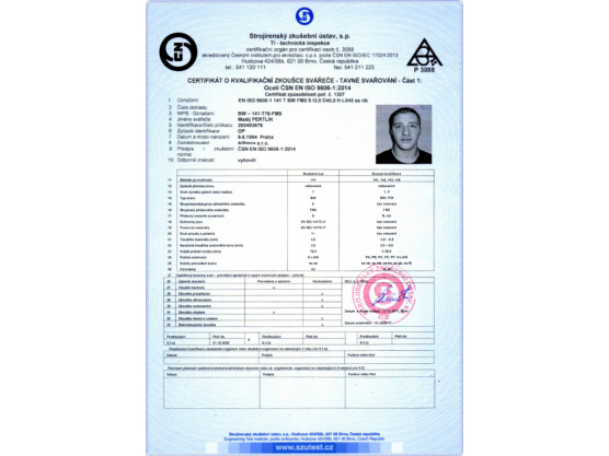 Certifikát o kvalifikační zkoušce svářeče, ČSN EN ISO 9606-1:2014, BW – 141-T76-FM5, Matěj Pertlík