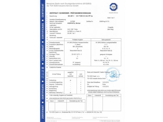 Certifikát TÜV SÜD Czech 01, Milan Korynta