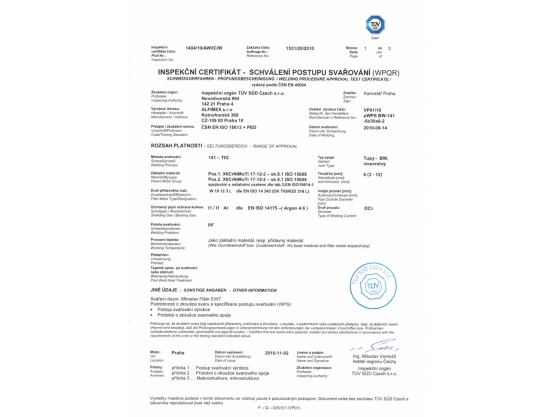 Inspekční certifikát TÜV SÜD Czech 01