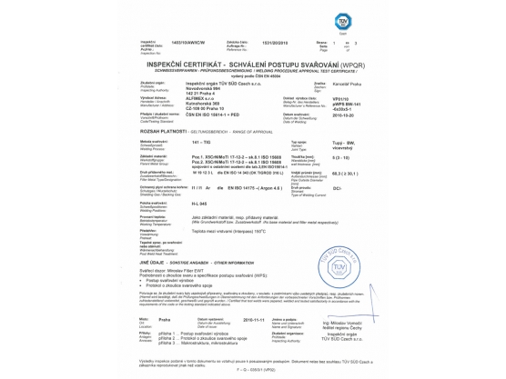 Inspekční certifikát TÜV SÜD Czech 02