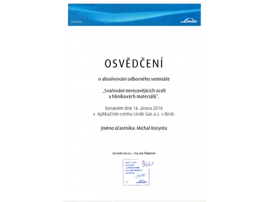 Osvědčení "Svařování nerezavějících ocelí a hliníkových materiálů", Michal Korynta