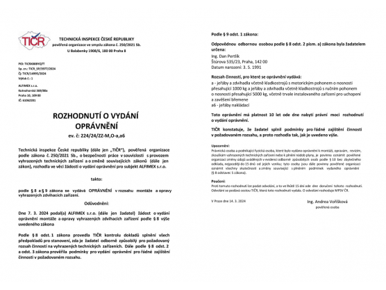 TIČR certifikace oprav vyhrazených zdvihacích zařízení, Ing. Dan Pertlík jr.